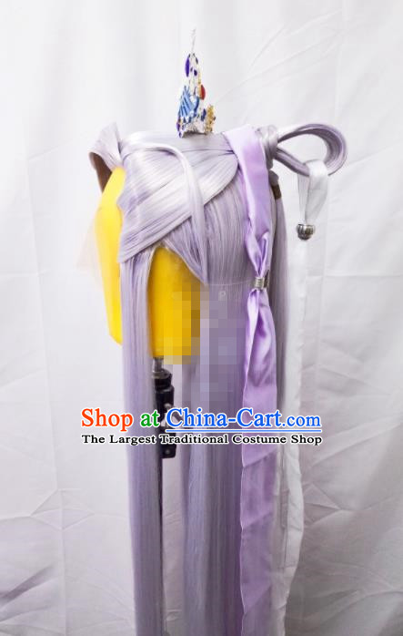 Handmade China Cosplay Taoist Priest Lilac Wigs and Hair Crown Traditional Puppet Show Murong Ning Hairpieces Ancient Swordsman Headdress