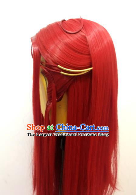 Handmade China Ancient Young Swordsman Headdress Cosplay Crown Prince Red Wigs Traditional Puppet Show Childe Xuan Tong Hairpieces
