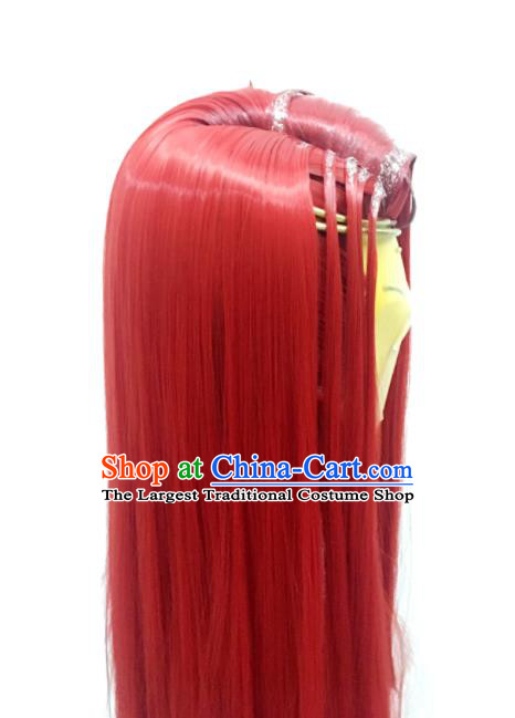 Handmade China Ancient Young Swordsman Headdress Cosplay Crown Prince Red Wigs Traditional Puppet Show Childe Xuan Tong Hairpieces