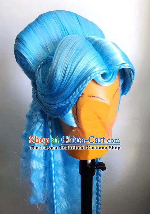 Chinese Traditional Puppet Show Princess Binglou Hairpieces Cosplay Fairy Hair Accessories Ancient Goddess Blue Wigs Headwear