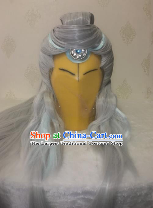 Handmade China Traditional Puppet Show Hairpieces Ancient Taoist Headdress Cosplay Swordsman Grey Wigs