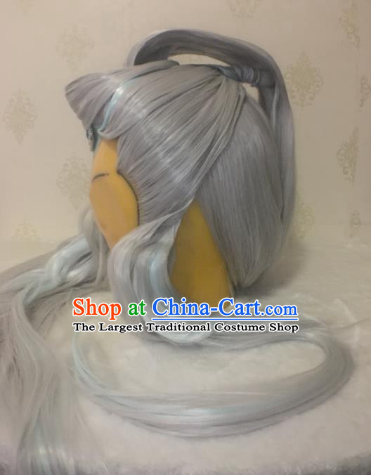 Handmade China Traditional Puppet Show Hairpieces Ancient Taoist Headdress Cosplay Swordsman Grey Wigs