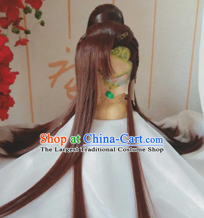 Handmade China Traditional Puppet Show Qi Hanyu Hairpieces Ancient Childe Headdress Cosplay Swordsman Brown Wigs