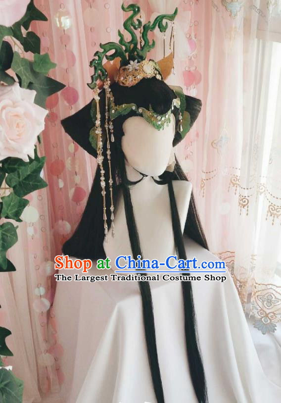 Chinese Cosplay Goddess Queen Hair Accessories Ancient Empress Wigs and Hair Crown Headwear Traditional Puppet Show Swordswoman Hairpieces