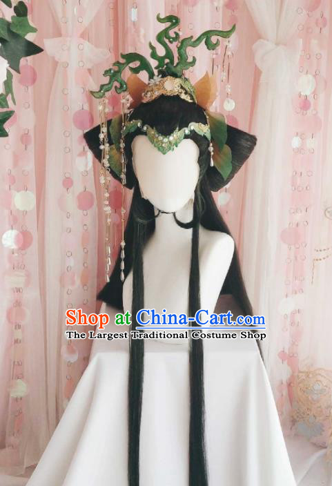 Chinese Cosplay Goddess Queen Hair Accessories Ancient Empress Wigs and Hair Crown Headwear Traditional Puppet Show Swordswoman Hairpieces
