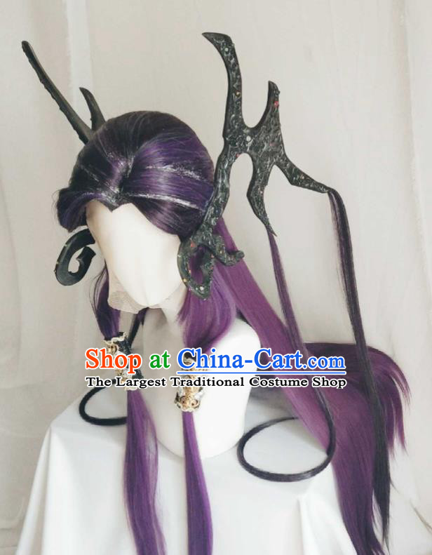 Chinese Ancient Fairy Princess Purple Wigs Headwear Traditional Puppet Show Swordswoman Hairpieces Cosplay Dragon Girl Hair Accessories