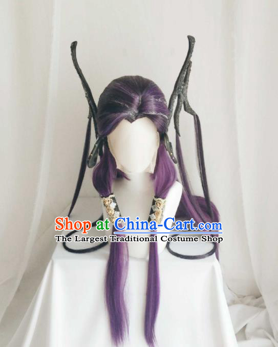 Chinese Ancient Fairy Princess Purple Wigs Headwear Traditional Puppet Show Swordswoman Hairpieces Cosplay Dragon Girl Hair Accessories