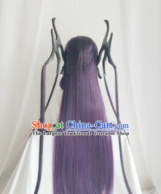 Chinese Ancient Fairy Princess Purple Wigs Headwear Traditional Puppet Show Swordswoman Hairpieces Cosplay Dragon Girl Hair Accessories