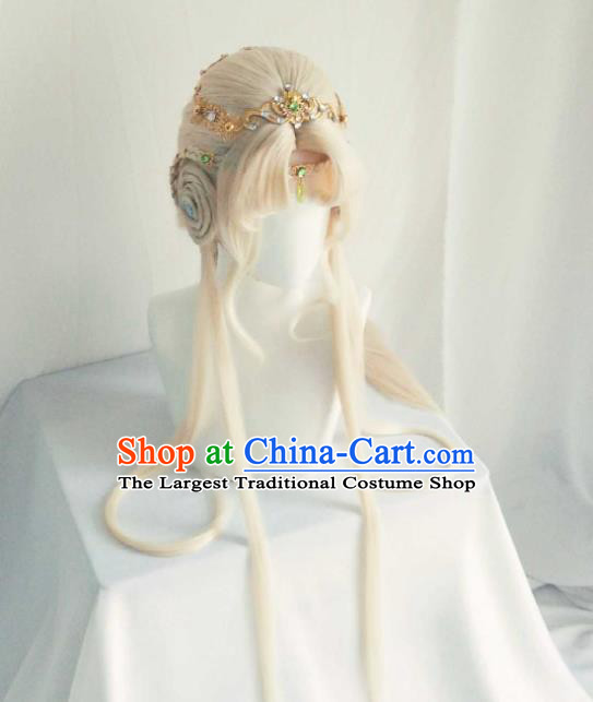 Chinese Cosplay Fairy Princess Hair Accessories Ancient Young Lady Light Golden Wigs Headwear Traditional Puppet Show Swordswoman Hairpieces