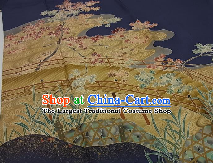 Japan Male Garment Costume Traditional Tsukesage Kimono Clothing Classical Maple Leaf Pattern Blue Yukata Robe