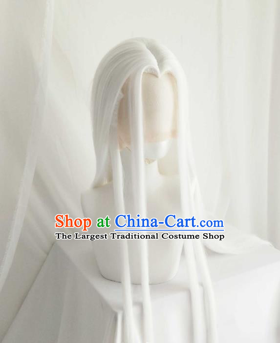 Handmade China Traditional Puppet Show Immortal Hairpieces Ancient Taoist Priest Headdress Cosplay Swordsman White Wigs