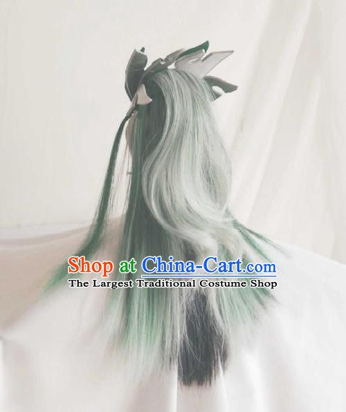 Handmade China Traditional Puppet Show Prince Hairpieces Ancient Royal King Headdress Cosplay Swordsman Green Wigs and Hair Crown