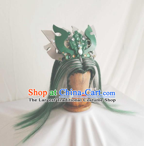 Handmade China Traditional Puppet Show Prince Hairpieces Ancient Royal King Headdress Cosplay Swordsman Green Wigs and Hair Crown