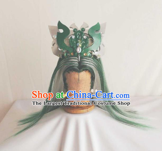 Handmade China Traditional Puppet Show Prince Hairpieces Ancient Royal King Headdress Cosplay Swordsman Green Wigs and Hair Crown