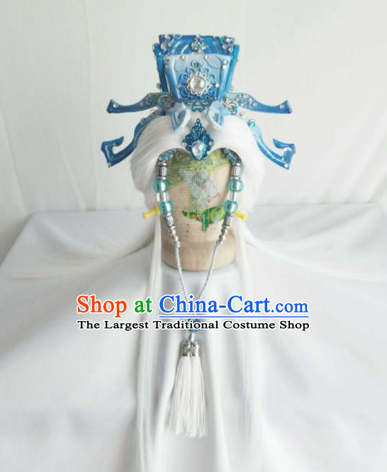 Handmade China Cosplay Taoist Priest White Wigs and Hair Crown Traditional Puppet Show Swordsman Hairpieces Ancient Immortal Headdress