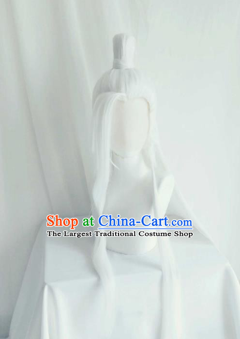 Handmade China Ancient Immortal Headdress Cosplay Taoist Priest White Wigs Traditional Puppet Show Swordsman Hairpieces