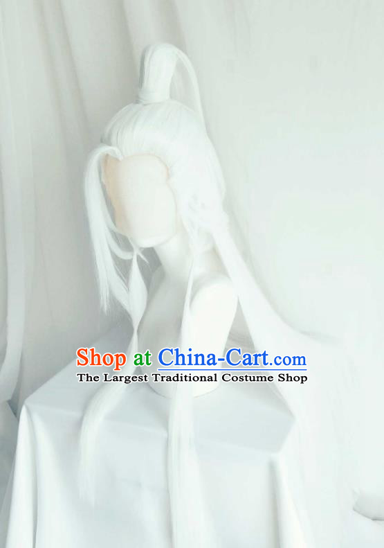 Handmade China Ancient Immortal Headdress Cosplay Taoist Priest White Wigs Traditional Puppet Show Swordsman Hairpieces