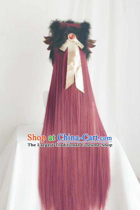 Handmade China Cosplay Childe Red Wigs and Hair Crown Traditional Puppet Show Gongsun Yue Hairpieces Ancient Royal Prince Headdress