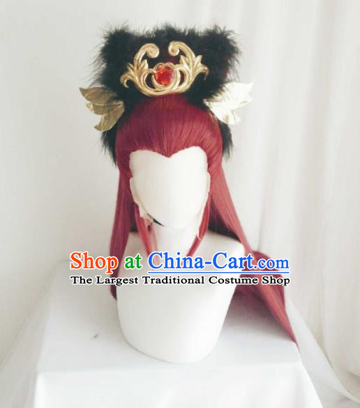 Handmade China Cosplay Childe Red Wigs and Hair Crown Traditional Puppet Show Gongsun Yue Hairpieces Ancient Royal Prince Headdress