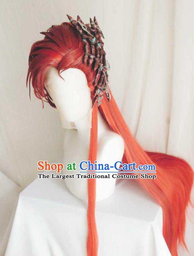 Handmade China Traditional Puppet Show Swordsman Hairpieces Ancient Young Hero Headdress Cosplay Demon Prince Red Wigs