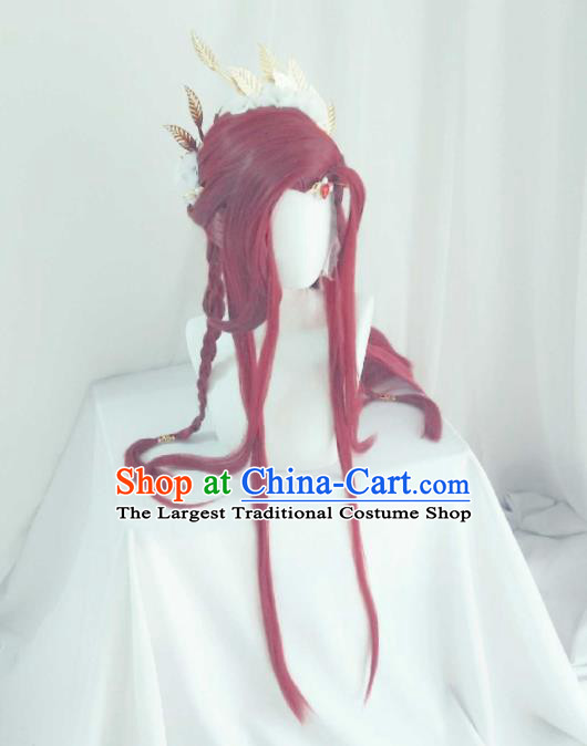Chinese Cosplay Swordswoman Hair Accessories Ancient Queen Red Wigs and Hair Crown Headwear Traditional Puppet Show Fairy Hairpieces