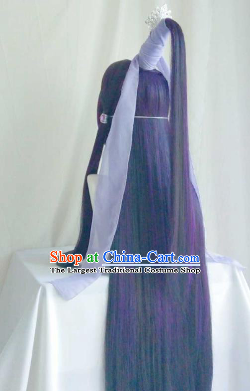 Chinese Cosplay Swordswoman Hair Accessories Ancient Fairy Purple Wigs Headwear Traditional Puppet Show Taoist Nun Feng Die Hairpieces