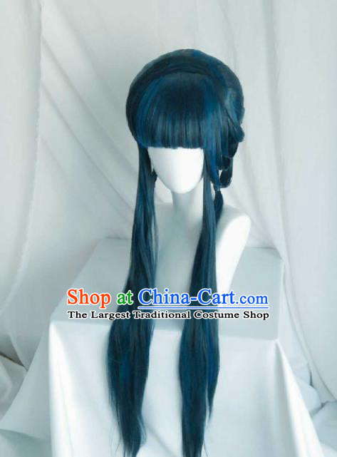 Chinese Ancient Goddess Blue Wigs Headwear Traditional Puppet Show Fairy Linglong Xuefei Hairpieces Cosplay Swordswoman Hair Accessories