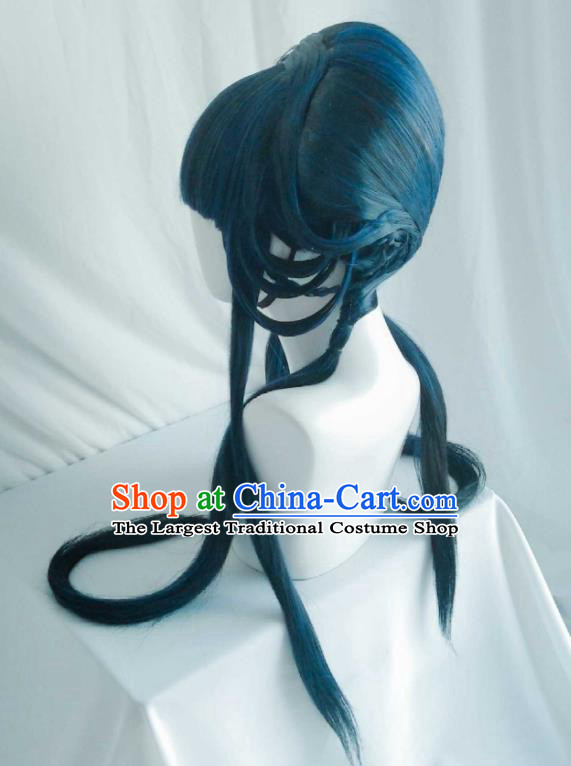 Chinese Ancient Goddess Blue Wigs Headwear Traditional Puppet Show Fairy Linglong Xuefei Hairpieces Cosplay Swordswoman Hair Accessories