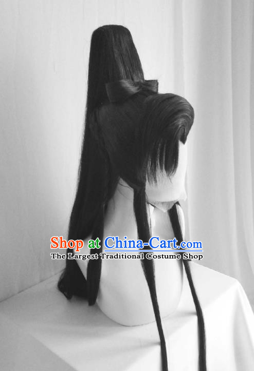 Handmade China Cosplay Swordsman Black Ponytsil Wigs Traditional Puppet Show Shi Yanwen Hairpieces Ancient Young Hero Headdress