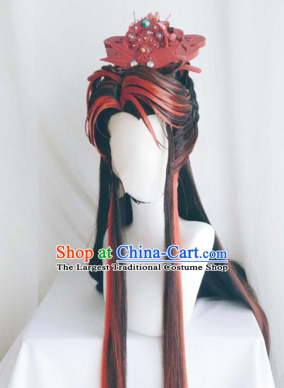 Handmade China Ancient Royal Prince Headdress Cosplay Swordsman Red Wigs and Hair Crown Traditional Puppet Show Shangguan Hongxin Hairpieces