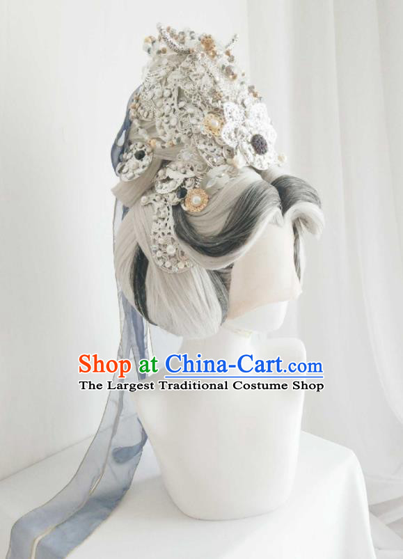 Chinese Ancient Goddess Grey Wigs Headwear Traditional Puppet Show Queen Hairpieces Cosplay Empress Hair Crown Hair Accessories