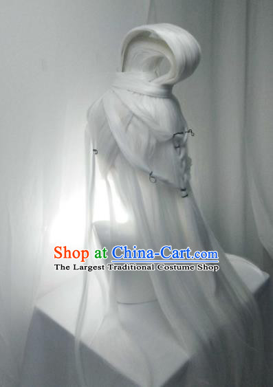 Handmade China Cosplay Swordsman White Wigs and Hair Crown Traditional Puppet Show Immortal Hairpieces Ancient Taoist Headdress