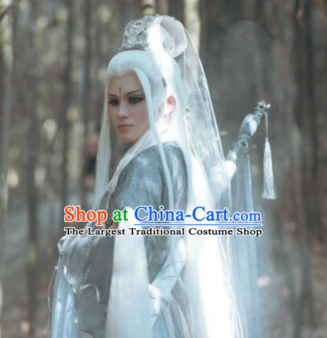 Handmade China Cosplay Swordsman White Wigs and Hair Crown Traditional Puppet Show Immortal Hairpieces Ancient Taoist Headdress