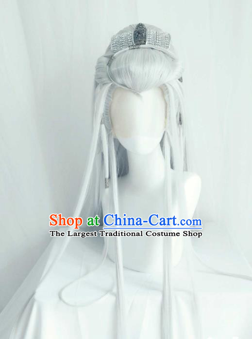 Handmade China Ancient Swordsman Headdress Cosplay Immortal Grey Wigs Traditional Puppet Show Taoist Priest Hairpieces