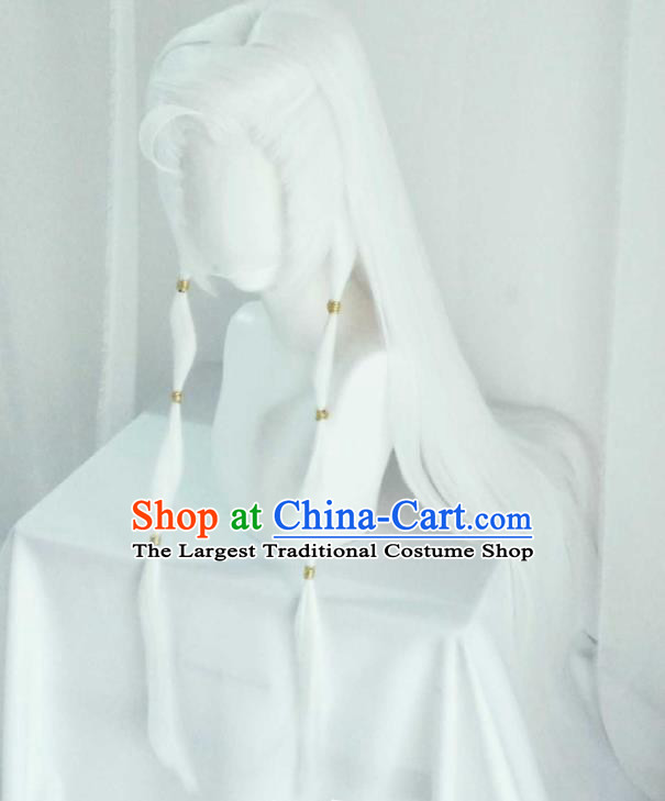 Chinese Traditional Puppet Show Young Woman Hairpieces Cosplay Fox Fairy Hair Accessories Ancient Swordswoman White Wigs Headwear