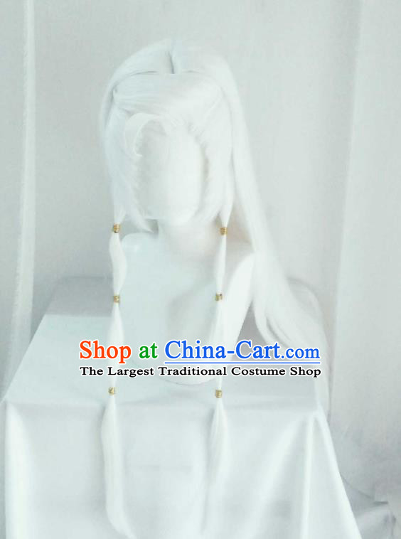 Chinese Traditional Puppet Show Young Woman Hairpieces Cosplay Fox Fairy Hair Accessories Ancient Swordswoman White Wigs Headwear