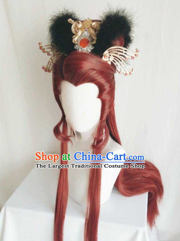 Chinese Cosplay Goddess Hair Accessories Ancient Queen Red Wigs Headwear Traditional Puppet Show Fairy Gongsun Yue Hairpieces