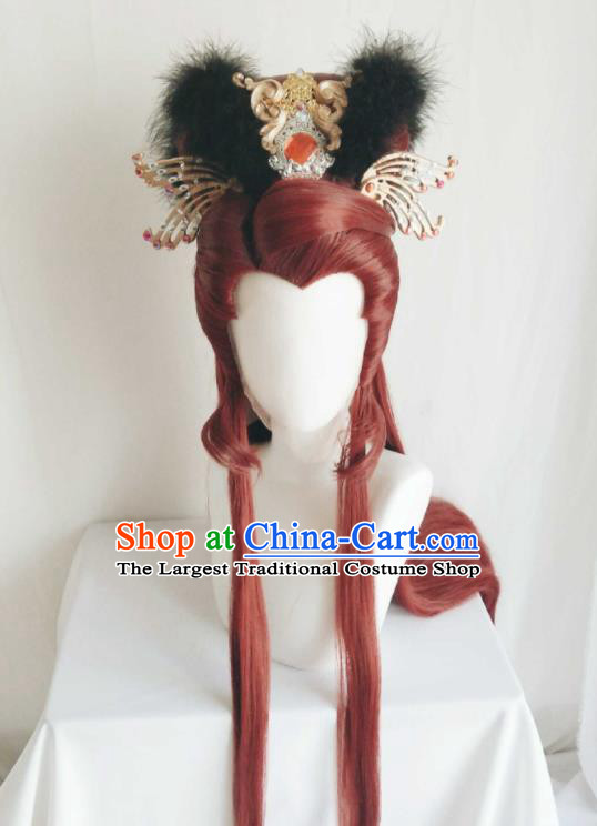 Chinese Cosplay Goddess Hair Accessories Ancient Queen Red Wigs Headwear Traditional Puppet Show Fairy Gongsun Yue Hairpieces