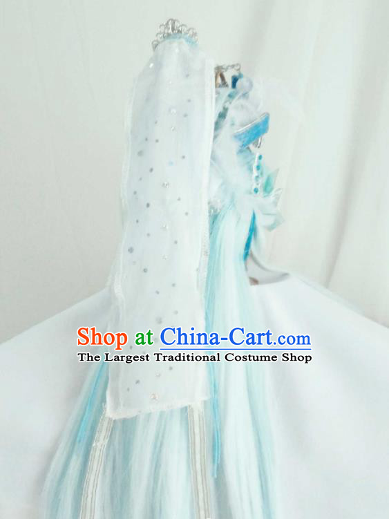 Handmade China Cosplay Taoist Priest Light Blue Wigs and Hair Crown Traditional Puppet Show Royal King Hairpieces Ancient Swordsman Headdress