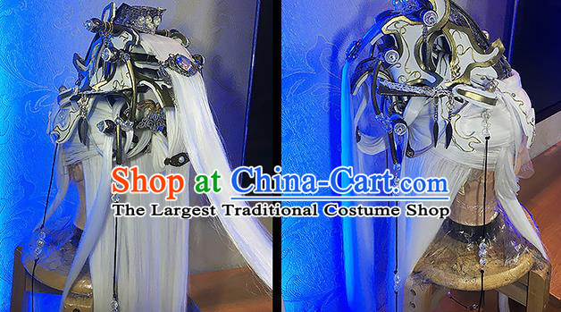 Handmade China Ancient Taoist Priest Headdress Cosplay Immortal White Wigs and Hair Crown Traditional Puppet Show Emperor Hairpieces