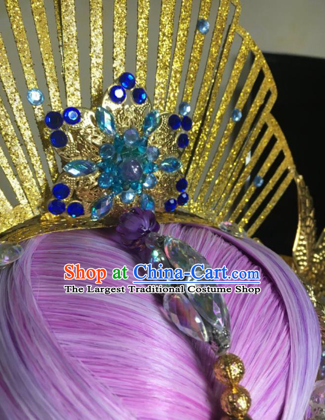 Chinese Ancient Empress Lilac Wigs and Hair Crown Headwear Traditional Puppet Show Jiu Ying Hairpieces Cosplay Goddess Hair Accessories