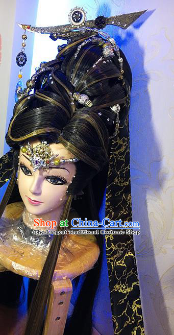 Handmade China Traditional Puppet Show Childe Hairpieces Ancient Prince Headdress Cosplay Swordsman Wigs and Hair Crown