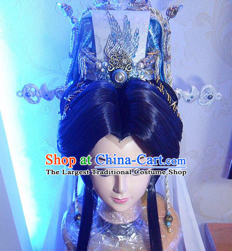 Handmade China Traditional Puppet Show Monarch Hairpieces Ancient Emperor Headdress Cosplay Royal King Wigs and Hair Crown