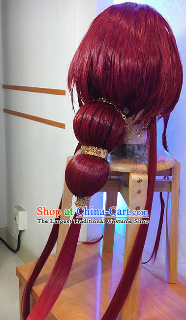 Chinese Traditional Puppet Show Goddess Hairpieces Cosplay Swordswoman Hair Accessories Ancient Queen Red Wigs and Hair Crown Headwear