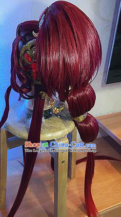 Chinese Traditional Puppet Show Goddess Hairpieces Cosplay Swordswoman Hair Accessories Ancient Queen Red Wigs and Hair Crown Headwear