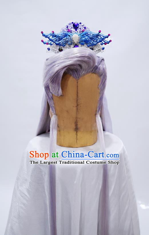 Handmade China Traditional Puppet Show Murong Ning Hairpieces Ancient Chivalrous Male Headdress Cosplay Royal Prince Lilac Wigs and Hair Crown