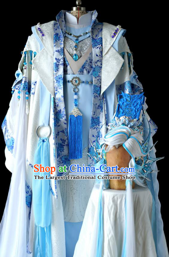 Custom China Cosplay Young General Blue Outfits Puppet Show Dragon King Clothing Ancient Swordsman Garment Costumes and Headdress