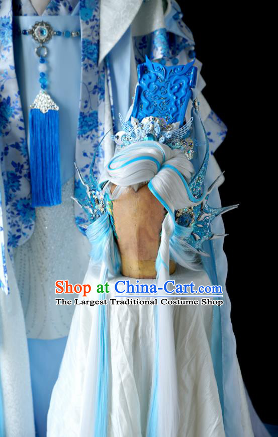 Custom China Cosplay Young General Blue Outfits Puppet Show Dragon King Clothing Ancient Swordsman Garment Costumes and Headdress