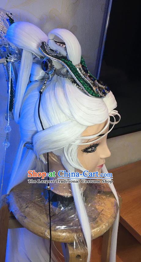 Handmade China Ancient Taoist Master Headdress Cosplay Swordsman White Wigs and Hair Crown Traditional Puppet Show King Hairpieces