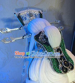 Handmade China Ancient Taoist Master Headdress Cosplay Swordsman White Wigs and Hair Crown Traditional Puppet Show King Hairpieces
